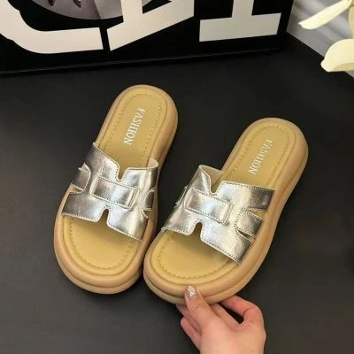 编织居家日常圆头修面一字带凉鞋凉拖鞋夏季坡跟女士网红舒适时尚