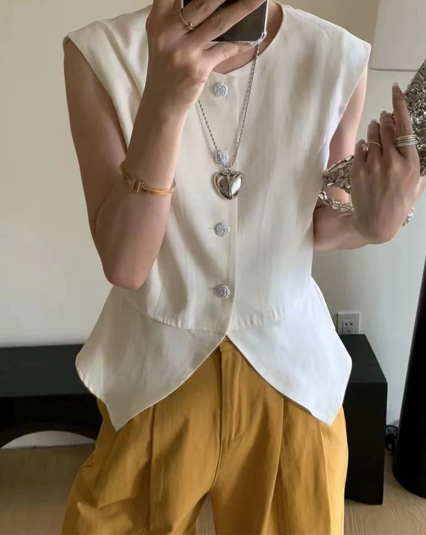 Manmi  荷叶边拼接设计款麻料马甲开衫  1286（C8架）