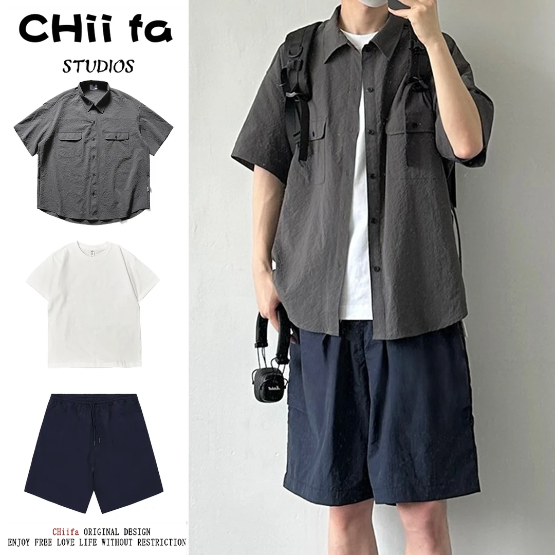 CHiifa 三件装/单件工装短袖衬衫男夏季薄款百搭透气半袖衬衣外套