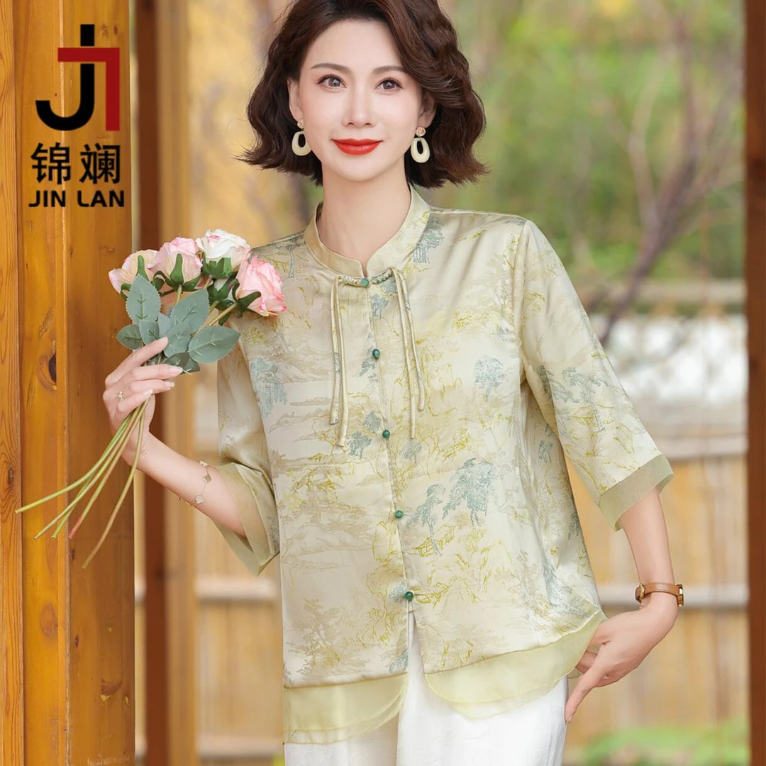 锦斓中年妈妈春夏洋气中式衬衫女上衣新款中老年高贵祥云中袖衬衣