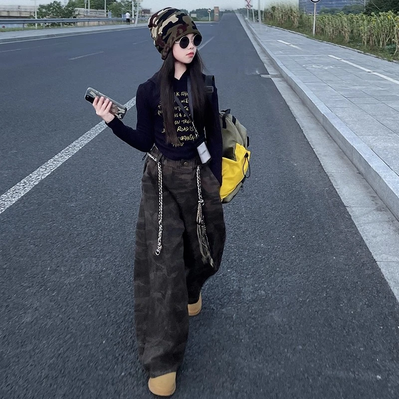 女童春秋季连帽衫卫衣套装2025新款韩版潮酷儿童休闲迷彩工装裤潮
