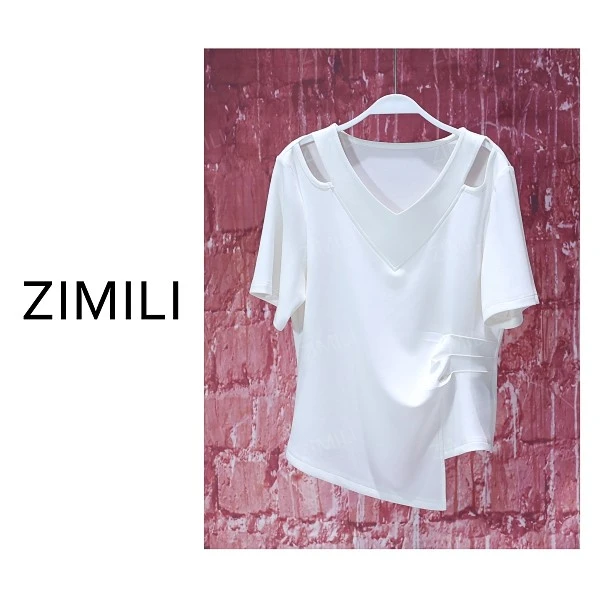 【亮哥女装】象牙白V领镂空束腰显瘦时尚休闲短袖短袖衫9529