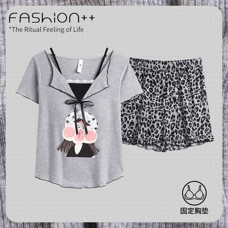夏季女款睡衣短袖带胸垫亲肤套装莫代尔棉夏天少女大码宽松家居服