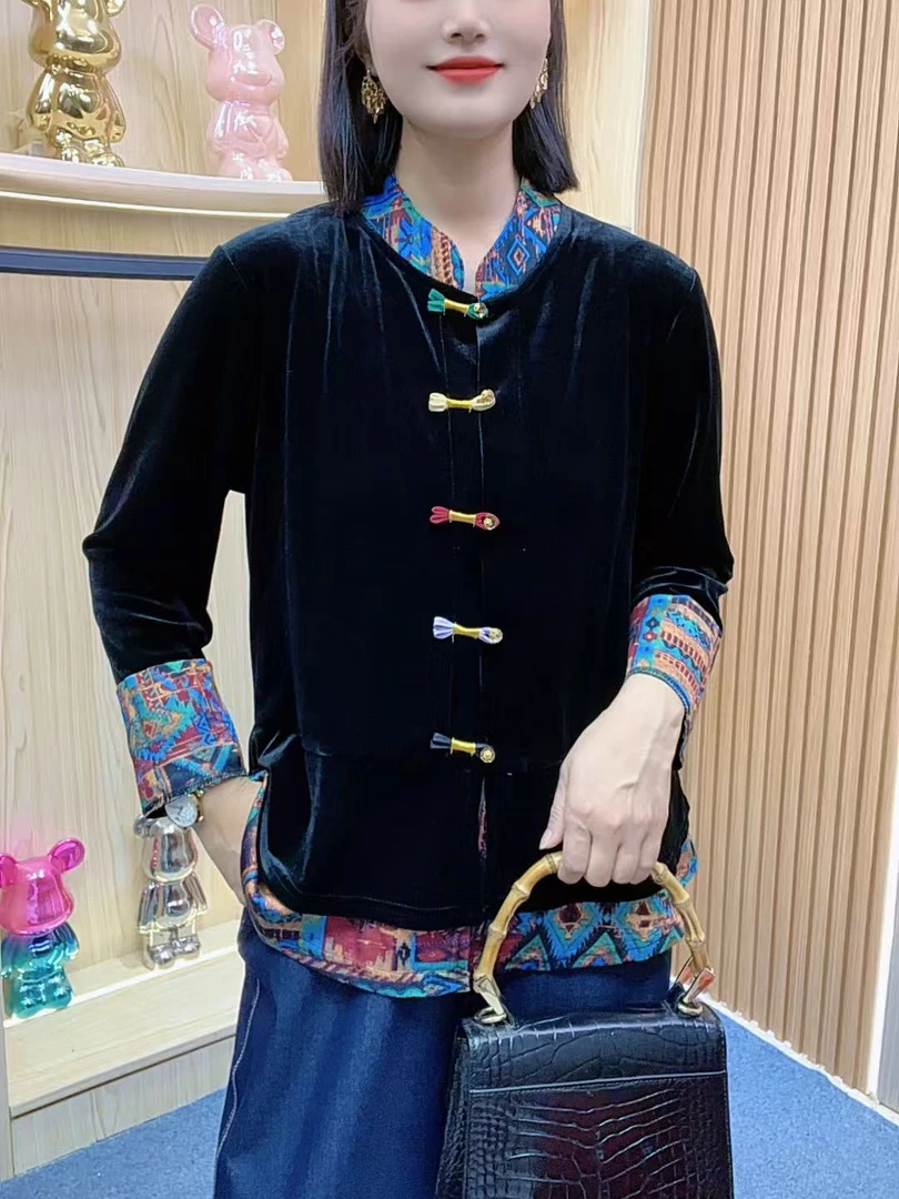 新中式女外套秋季长袖网红短款复古立领金丝绒民族风短外套