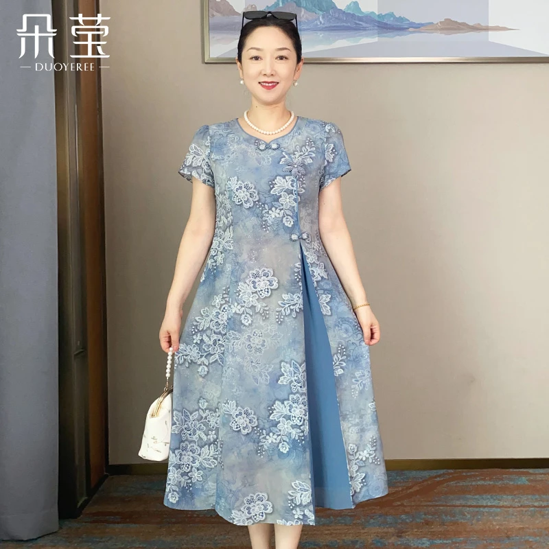 妈妈夏装2025新款优雅连衣裙中年女改良旗袍中老年气质提花裙子