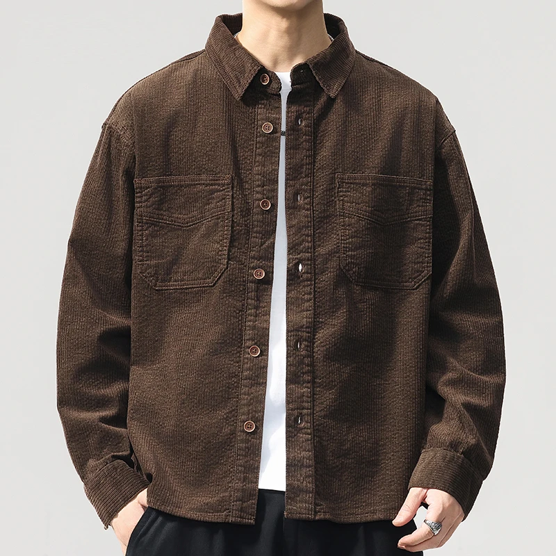 长袖衬衫男2025秋季宽松休闲衬衣外套美式高端复古柔糯细腻灯芯绒