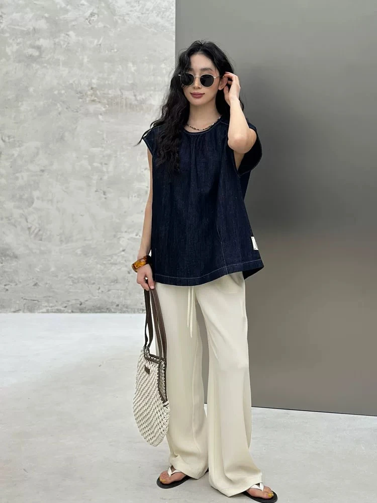 【0776】树#休闲百搭褶皱无袖牛仔上衣