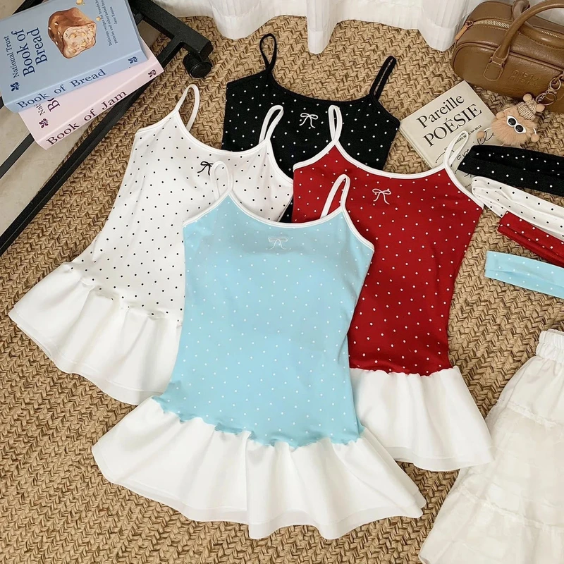 时尚女装新款撞色拼接波点吊带背心女夏辣妹荷叶边蝴蝶结上衣