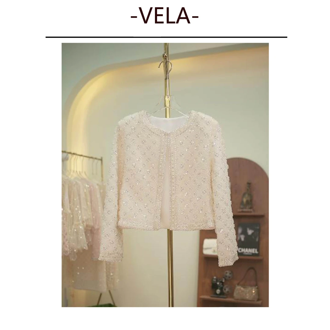 VELA 【黄亦玫】玫瑰小香风短外套重工亮片垫肩轻奢大女主