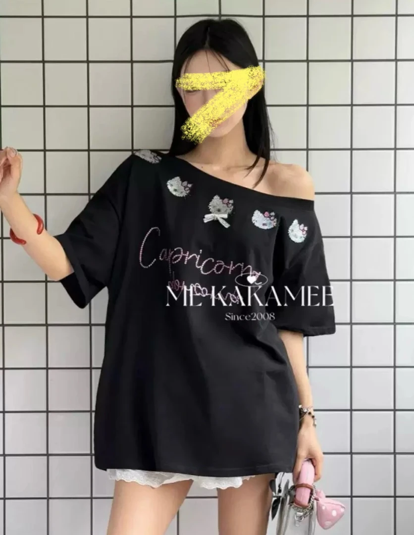 韩系少女风烫钻kitty猫蕾丝结短袖T恤女夏季宽松斜肩甜美上衣