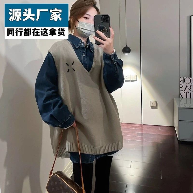 梵乐芬V领套头针织马甲女春秋宽松叠穿慵懒风毛衣背心外搭无袖坎