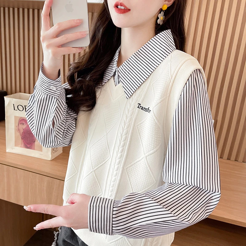 衬衫领拼接卫衣女2025新款春秋季韩版宽松薄款学生假两件上衣外套