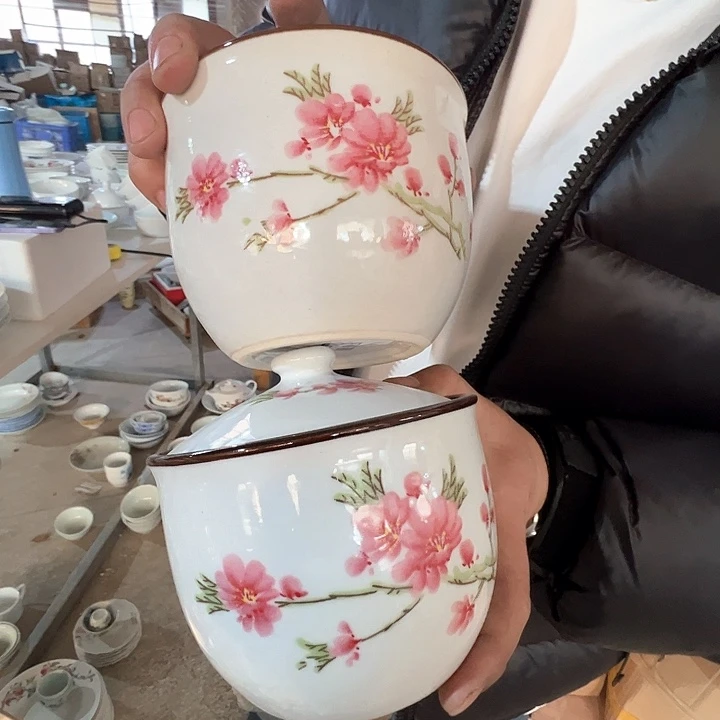 瓷景德镇高温陶瓷老白胎桃花炖盅2只