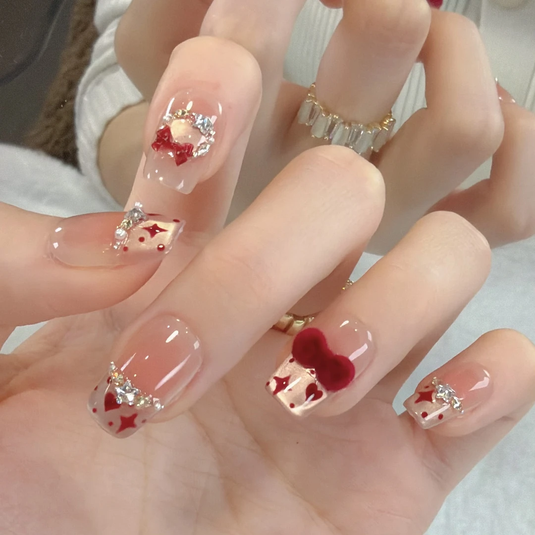 【圣诞结】纯手工穿戴甲秋冬新款带钻美甲显白高级感