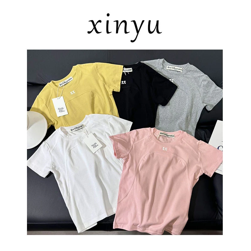 夏季薄款双R麻丝线刺绣百搭T恤女百搭时尚运动短T