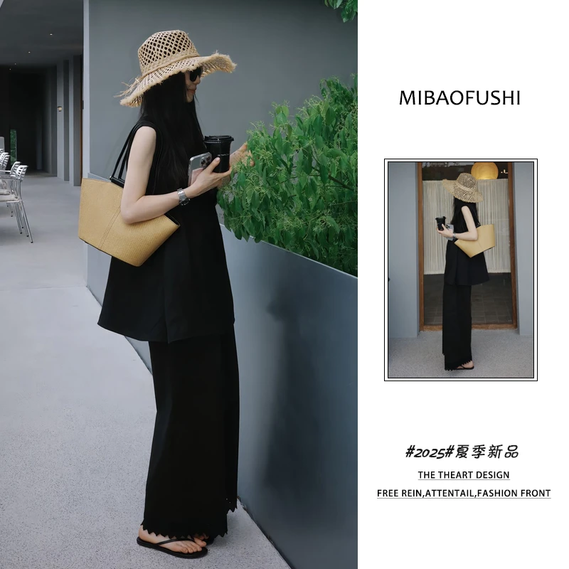 夏季穿搭一整套2025新款简约慵懒无袖上衣花边阔腿裤两件套