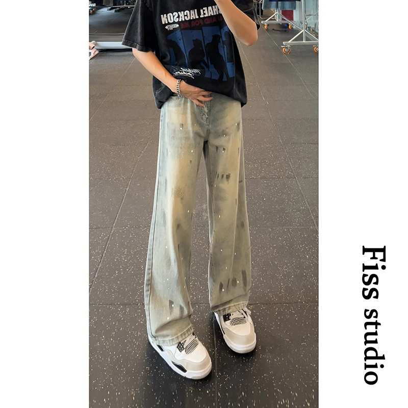 美式复古泼墨扎染猫爪痕牛仔裤男款vintage水洗裤子宽松直筒长裤