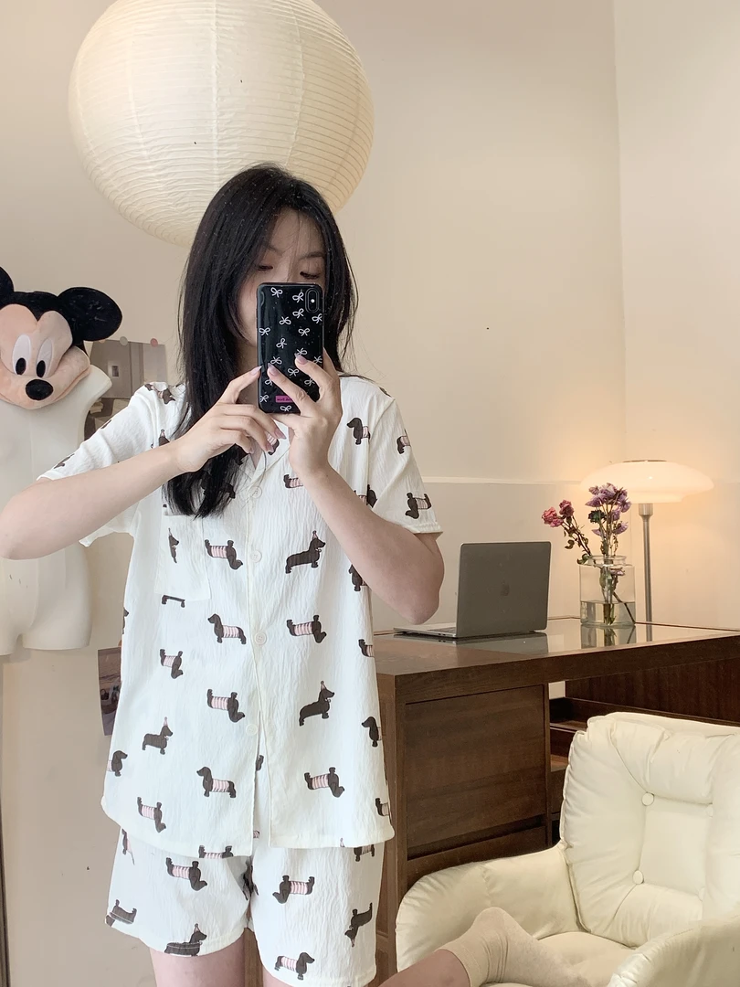 韩国ins腊肠狗可爱印花少女睡衣女夏季宽松薄款短袖套装家居服