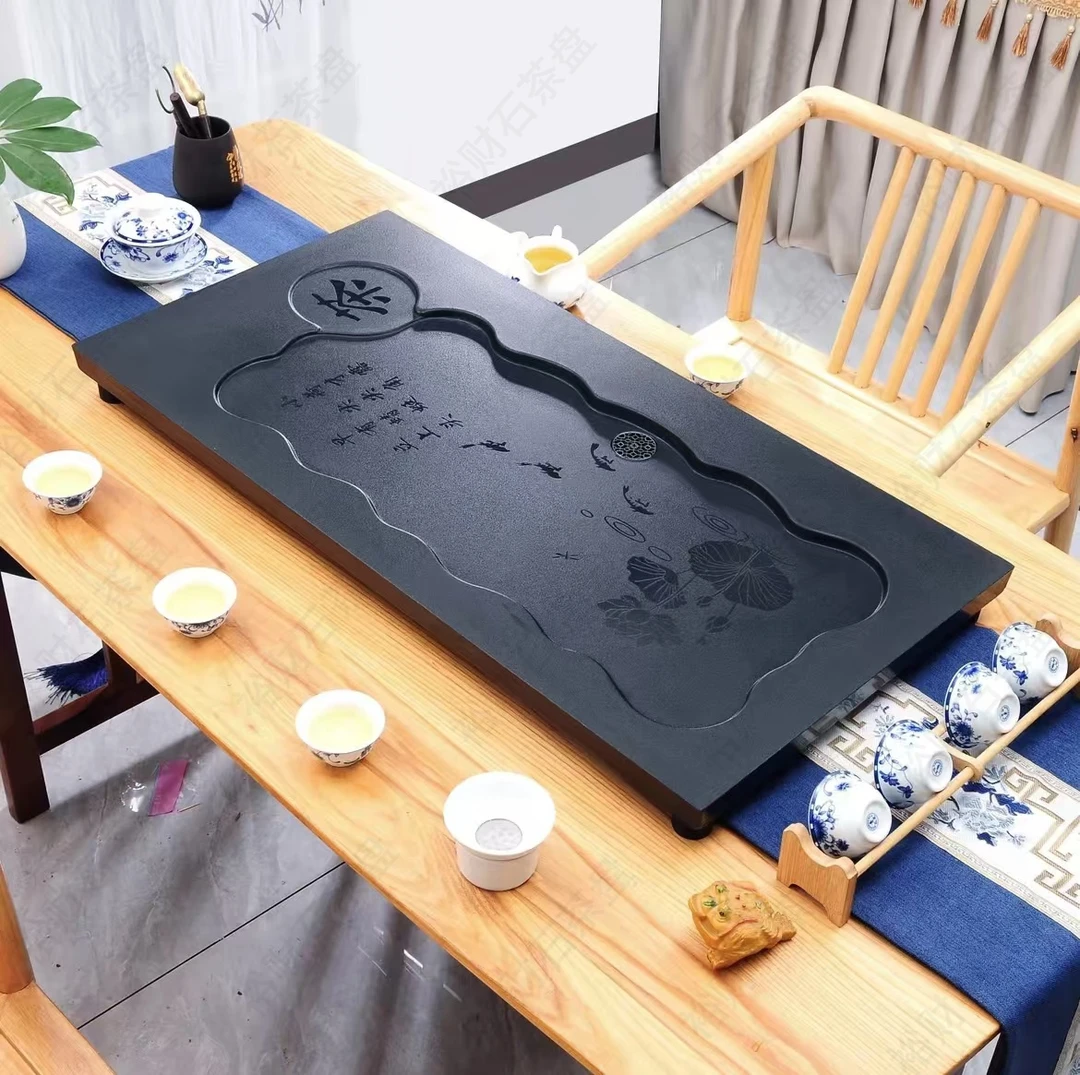 80*40*3荷花乌金石干湿分离家用办公直排下水客厅阳台桌面茶盘