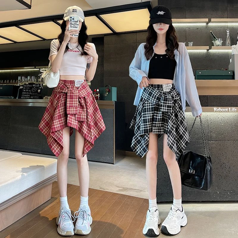 不规则假衬衫格子半身裙女2025夏季新款高腰显瘦蓬蓬裙a字短裙潮