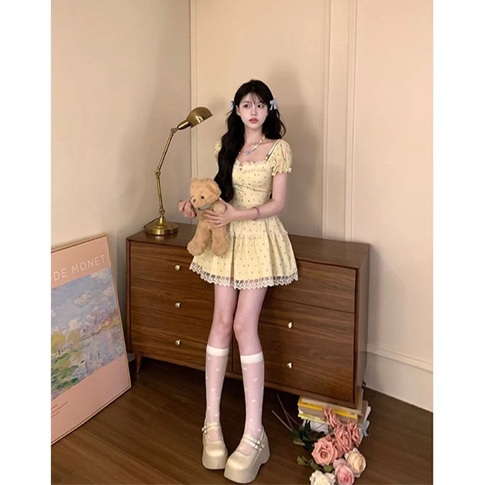 【糖果甜心】夏季新款一字肩甜美小个子俩穿小众设计感短袖连衣裙