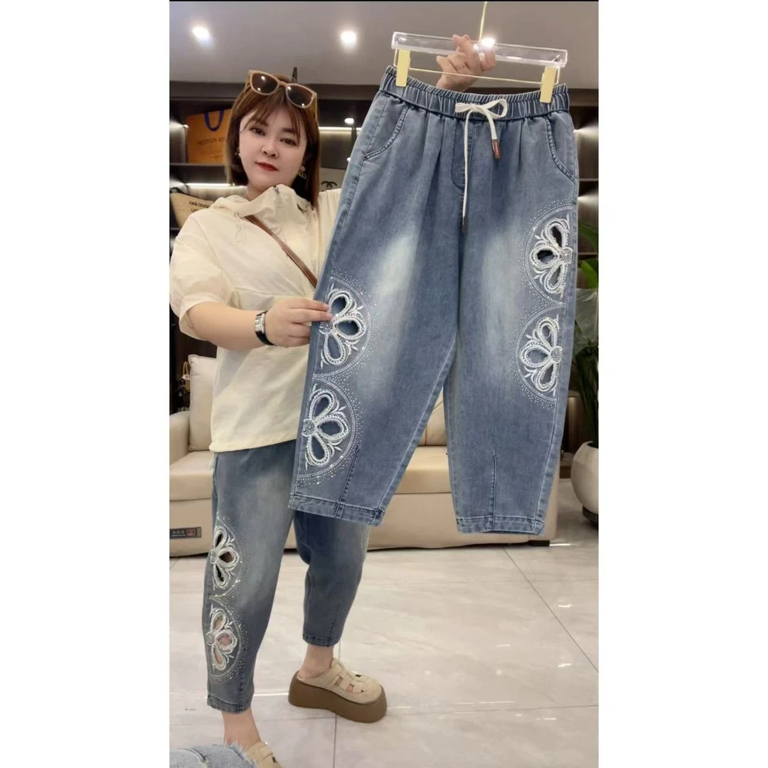 欧货重工镂空烫钻显瘦万能腰八分老爹裤（裤长86左右）