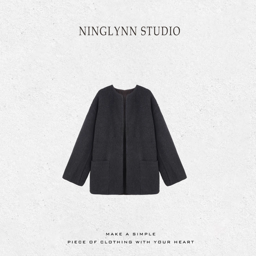 NINGLYNN STUDIO 【雾凇】简约复古老钱混纺羊驼毛短大衣 360421