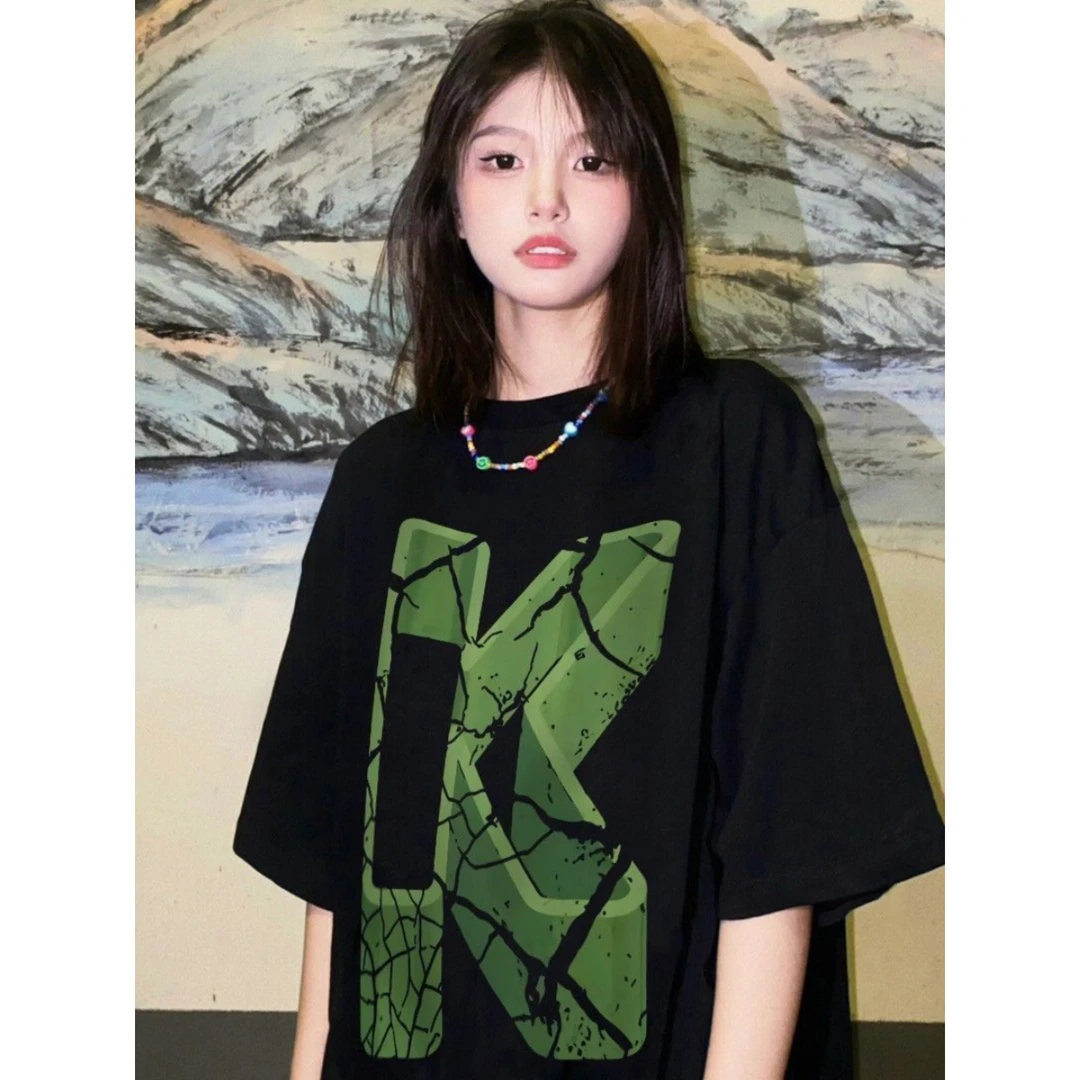 HSNP纯棉美式复古潮牌短袖T恤女新款裂纹字母印花街头宽松休闲夏