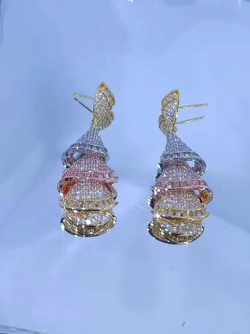 铜合金合成锆石耳饰 新款三金色裙子镶嵌灵动耳环珠宝气质重工