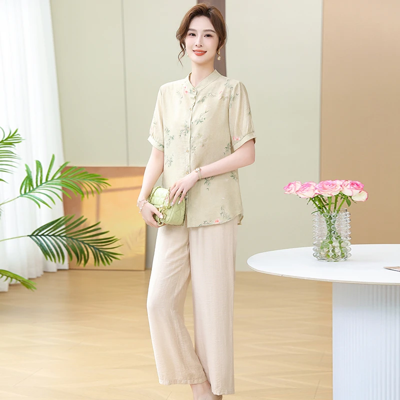 中年妈妈夏装中式洋气2025套装夏季中老年新款国风两件套上衣衬衫
