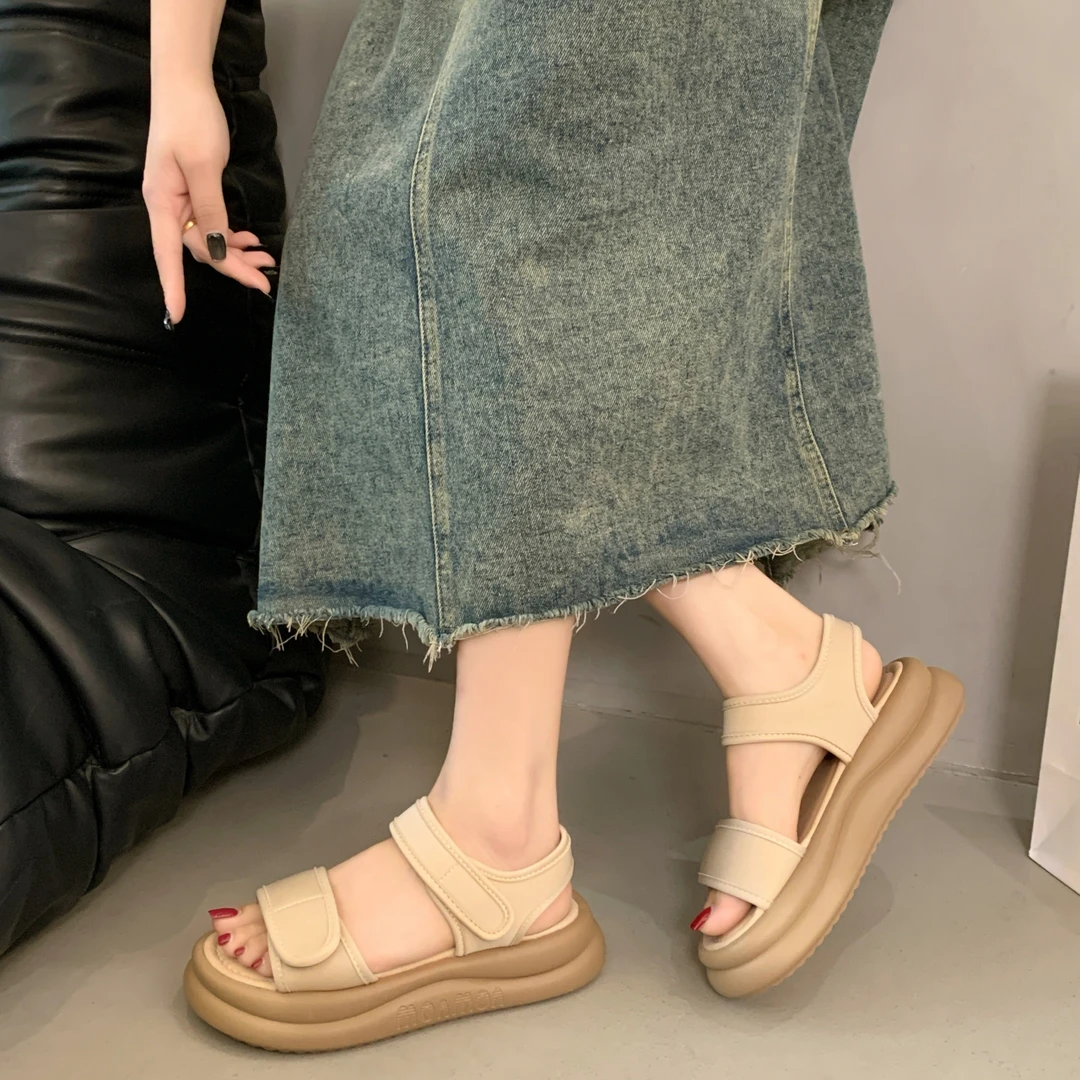 学院风厚底松糕凉鞋女2025夏季新款百搭魔术贴学生运动休闲凉鞋