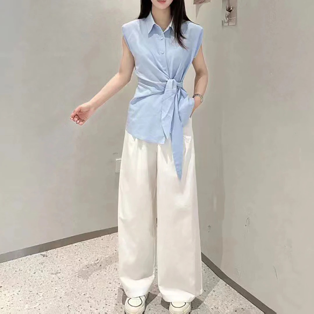 D25099-2 百搭无袖衬衫背心上衣搭配松紧腰休闲长裤套装女K702