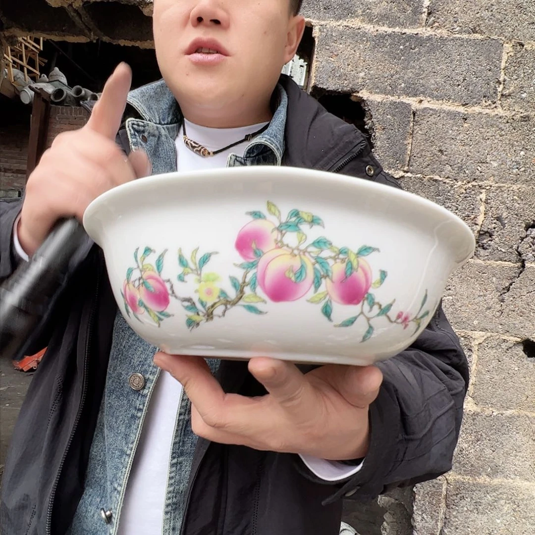 瓷景德镇高温陶瓷粉桃9寸大盆1只