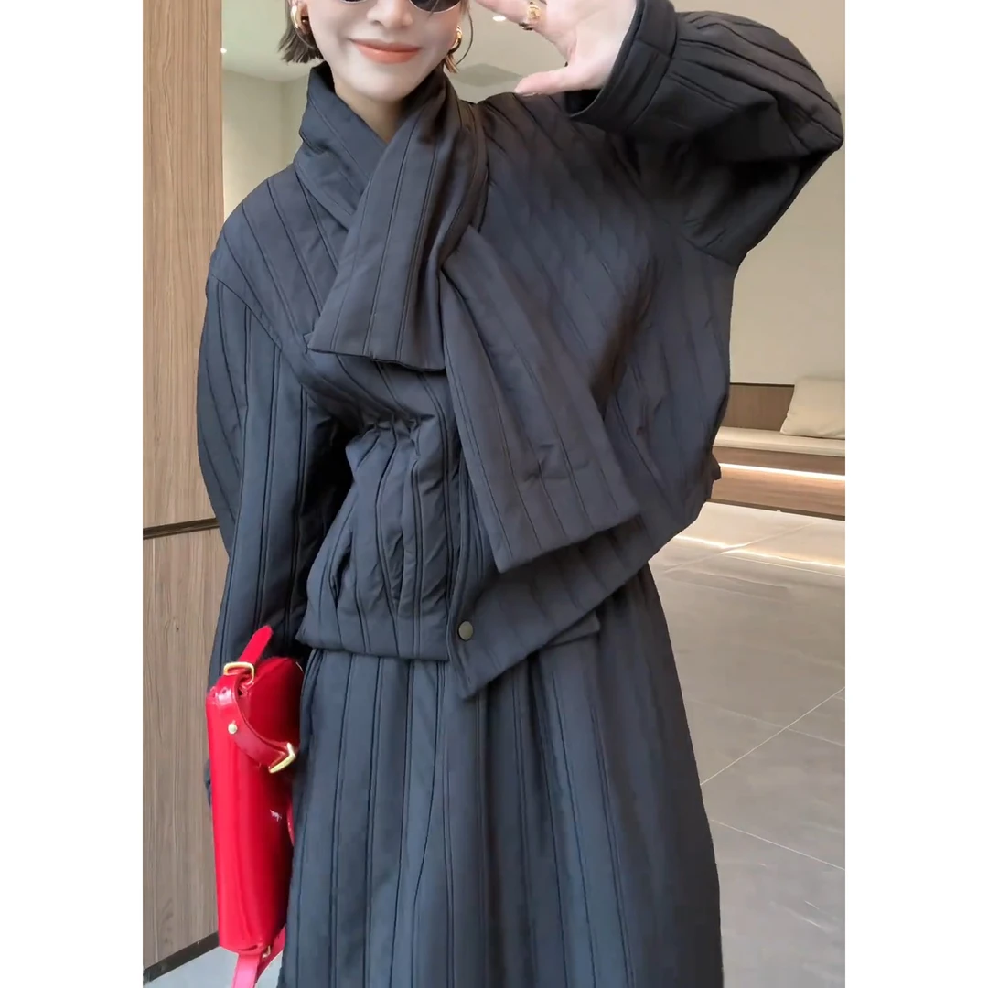 保暖防风简约慵懒风长袖套装优雅气质纯色围巾宽松上衣收腰半身裙