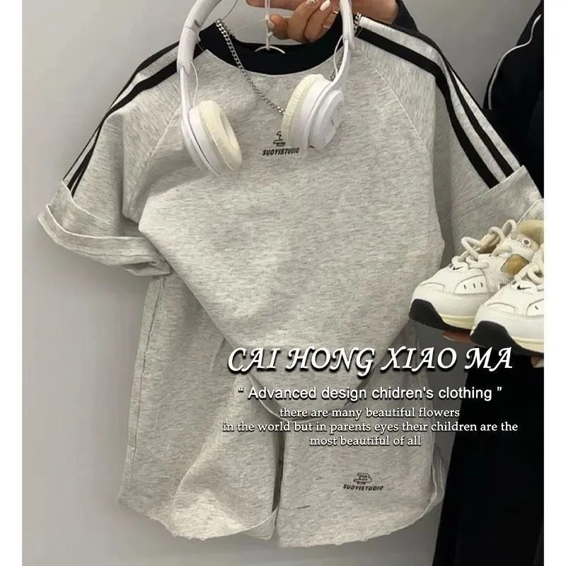 网红男童韩版休闲套装中小童夏季新款洋气条纹字母短袖短裤两件套