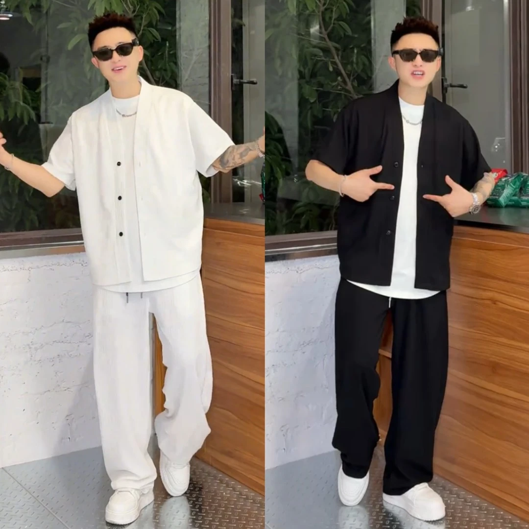 男士极简风V领竖纹肌理感套装夏季短袖开衫薄款宽松时尚休闲裤