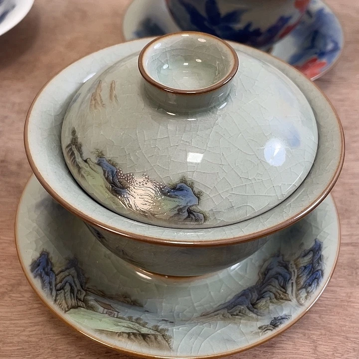 杯老淘泥粉彩千里江山元宝盖碗微瑕