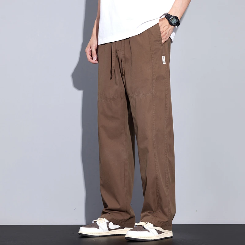 Kuvine潮牌休闲裤男宽松直筒2025夏季新款纯棉纯色棕色百搭男裤子