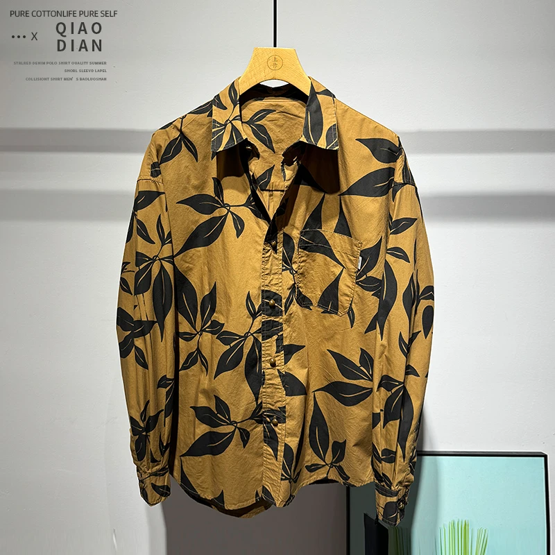 百搭潮流时尚印花设计个性纯棉翻领外套春季男士休闲商务长袖衬衫