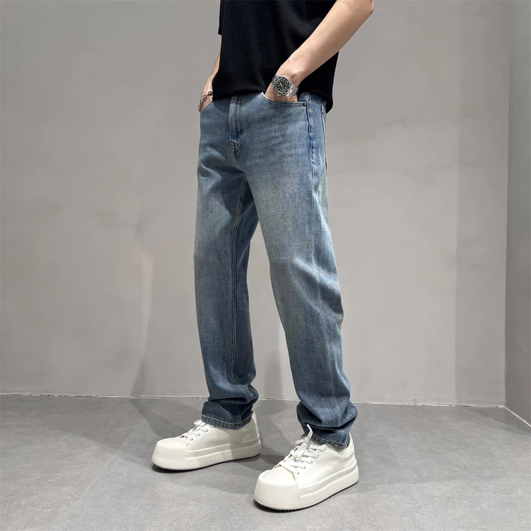 韩系潮流四面弹力百搭小直筒牛仔裤男士复古水洗蓝色秋冬新品长裤