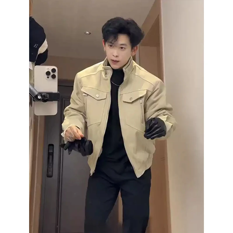 序77卡其色哈灵顿夹克外套男款秋冬加厚cleanfit座山蟒纹工装棉服