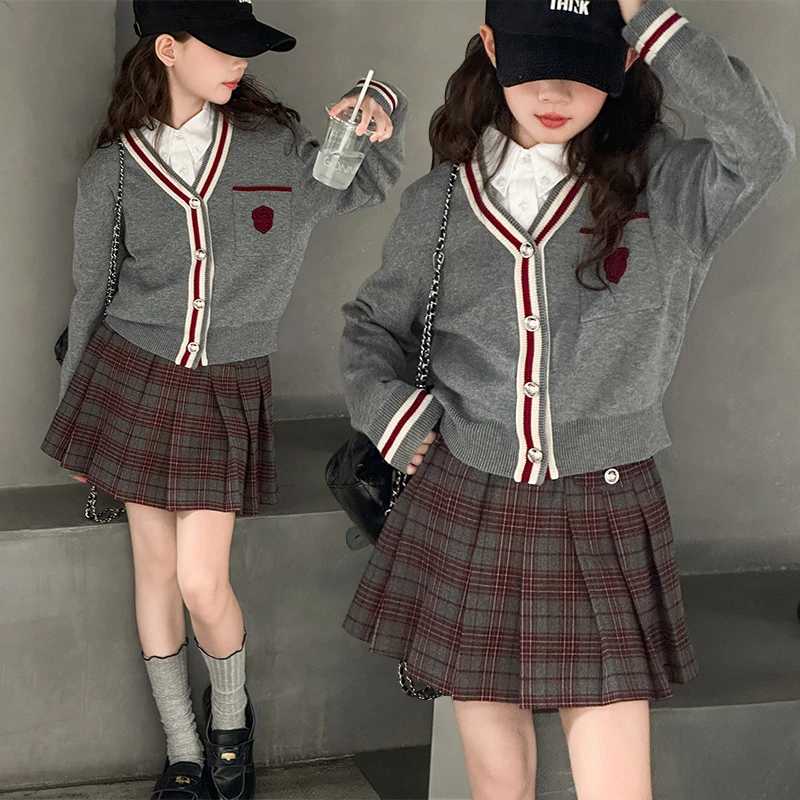 女童套装2025春秋学院风毛衣开衫格子短裙两件套