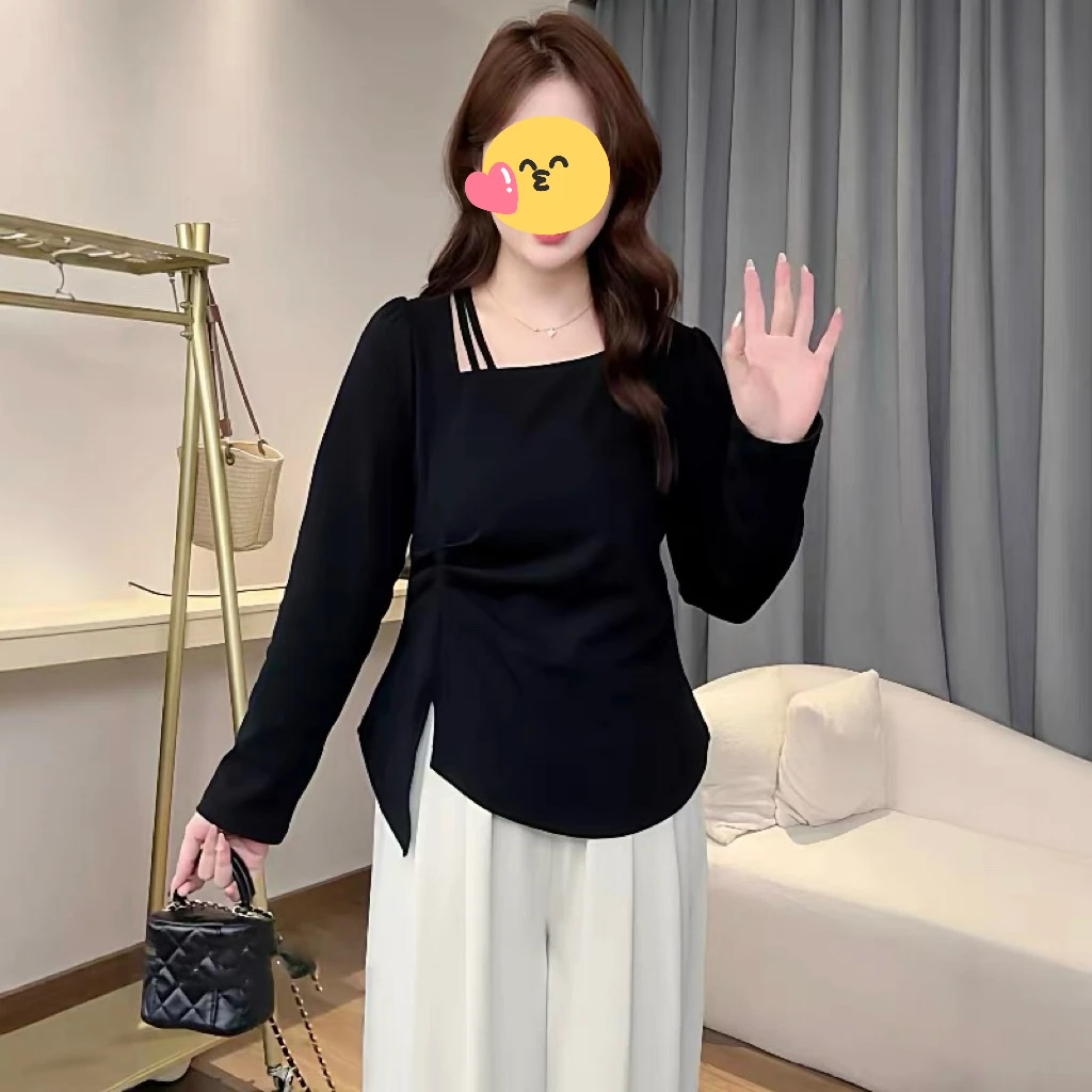 大码女装胖mm韩版不规则褶皱收腰长袖T恤2025秋季气质显瘦上衣