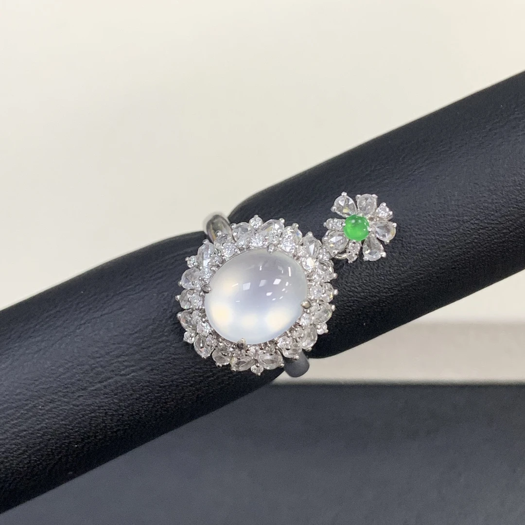 附自然光视频玻璃冰种蛋面戒指吊坠两用款缅A翡翠玉石满钻18K