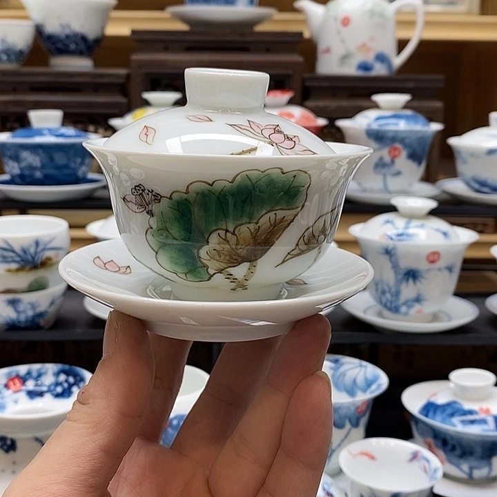 手绘微瑕荷花盖碗