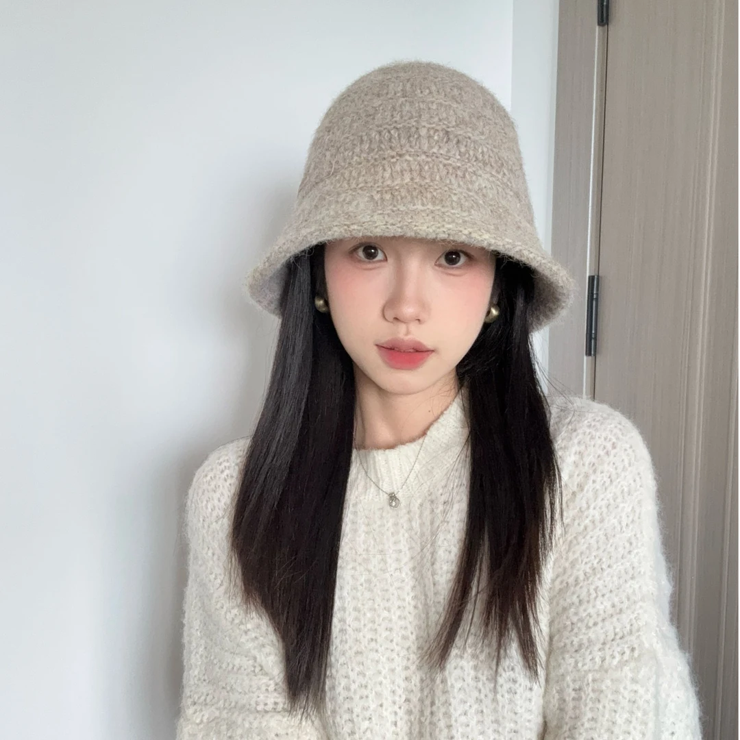 厚款秋冬季渔夫帽休闲风百搭秋冬帽子女短檐日系水桶帽针织保暖帽