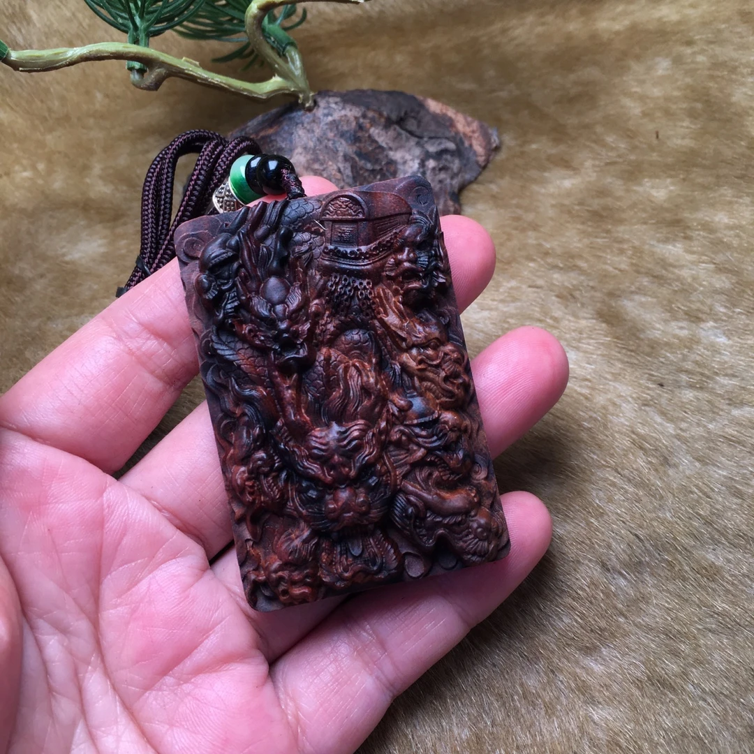 海南黄花梨木雕九龙抬棺项链吊坠木质精雕九龙运财牌车挂件手把件