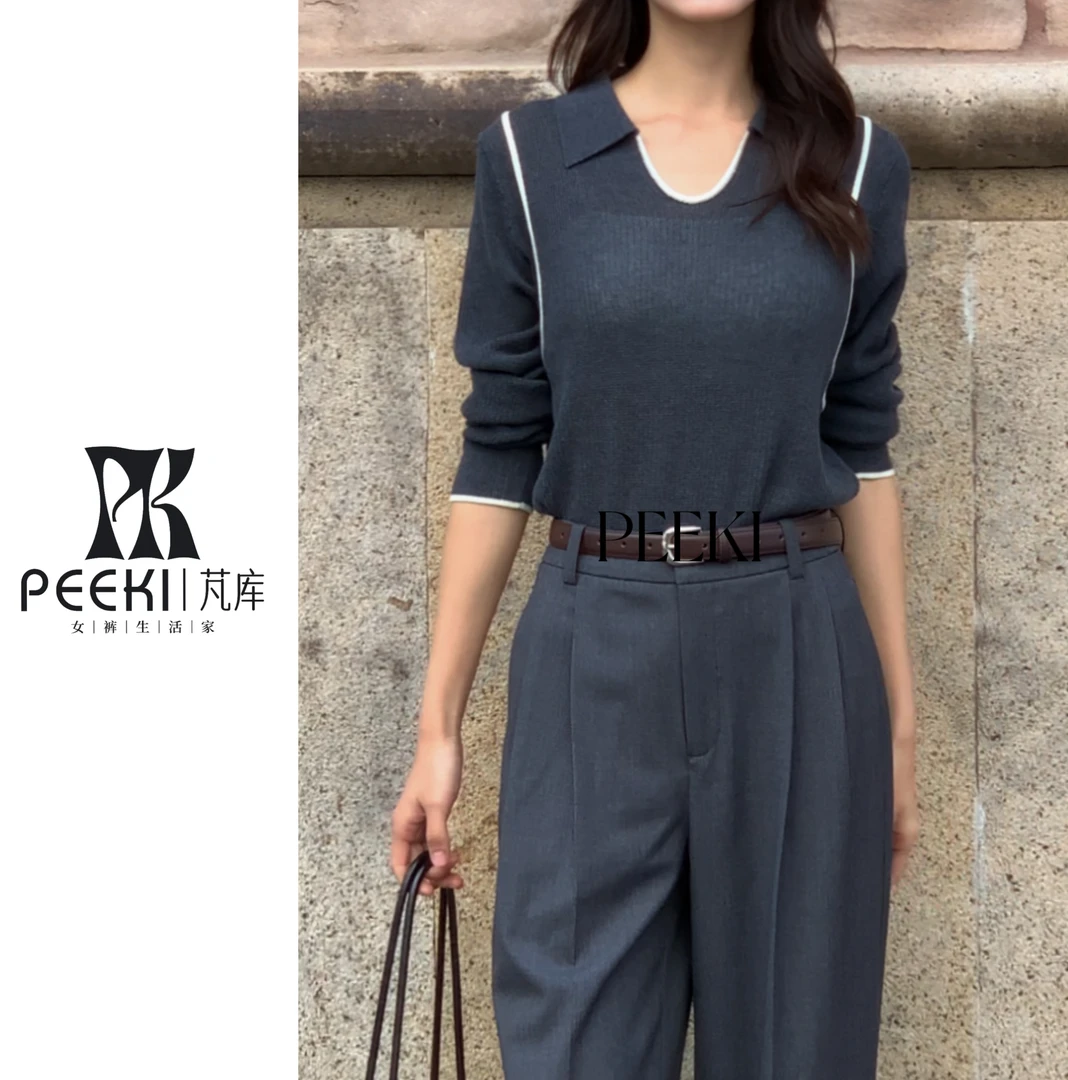 PEEKI/早秋上新 气质百搭 简约翻领显瘦长袖针织衫/77570