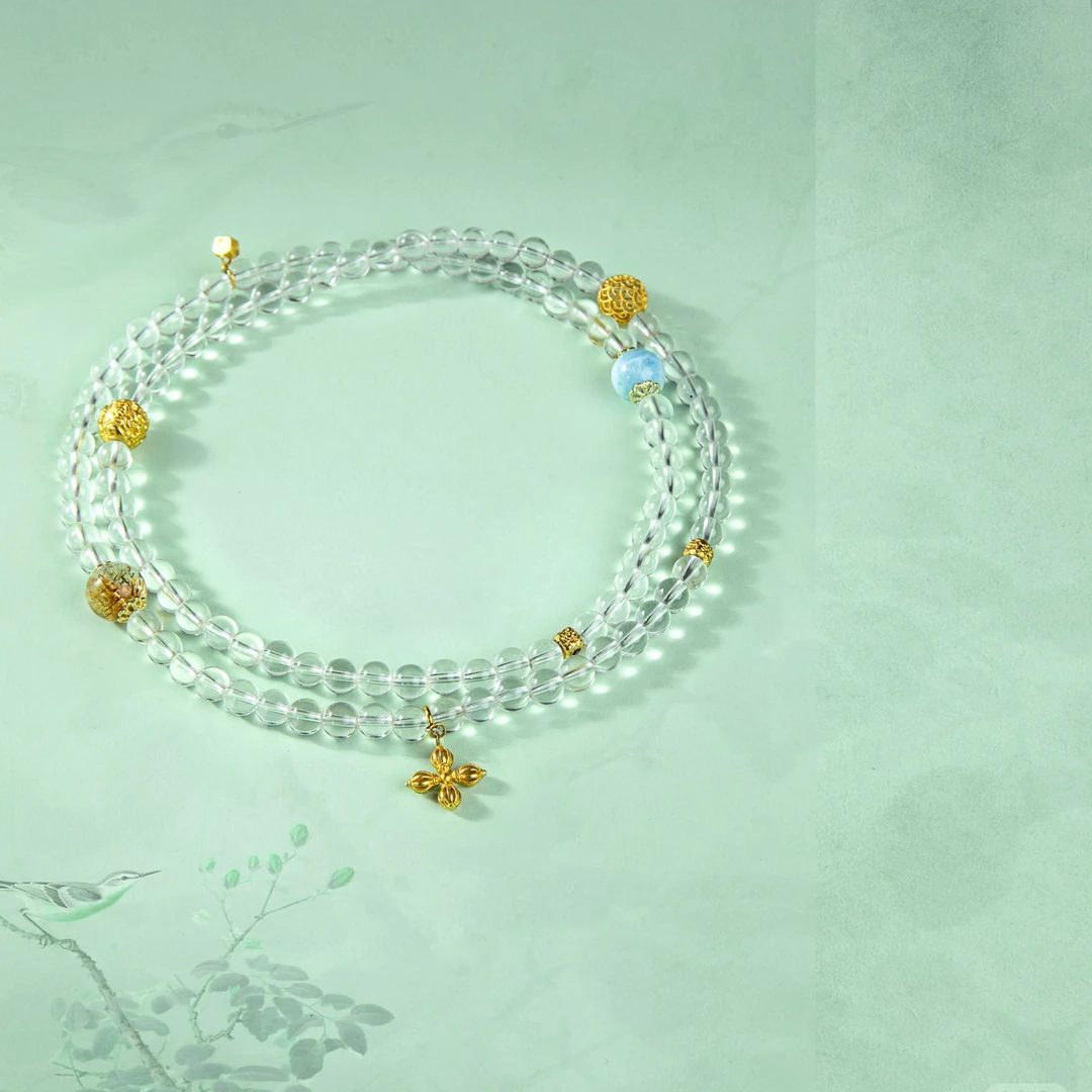 【云梦泽】天然白水晶搭配海纹石项链手链两用吊坠S925银（鹿泠）