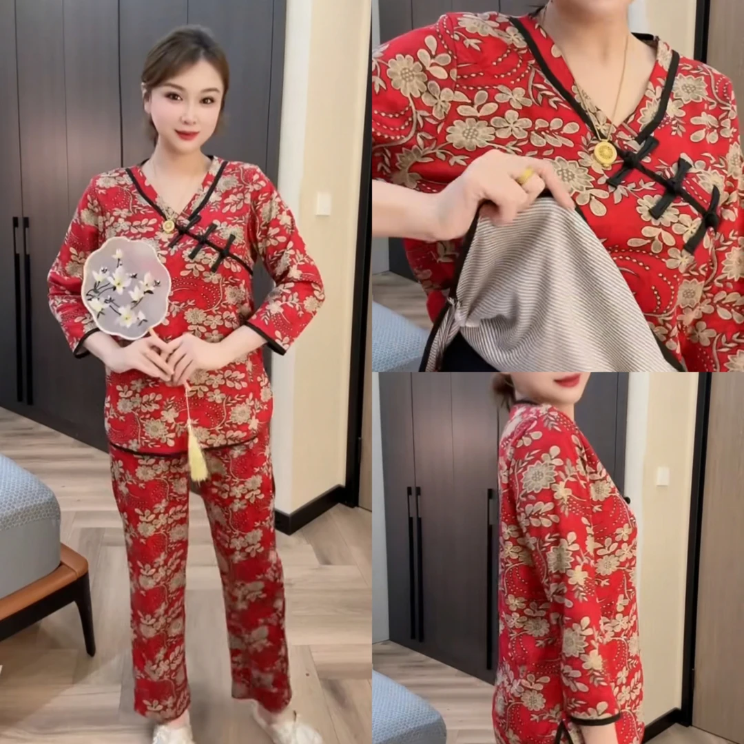 中国风盘扣新年红色喜庆大码网红洋气宽松休闲女睡衣可外穿家居服